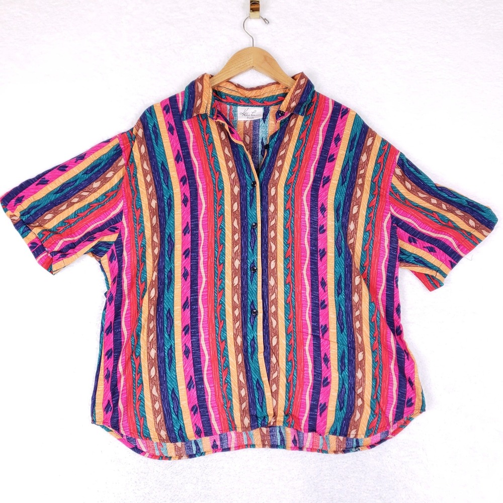 Kathie Lee Plus Blouse Vintage 90s Striped Short Sleeve Art Teacher Colorful